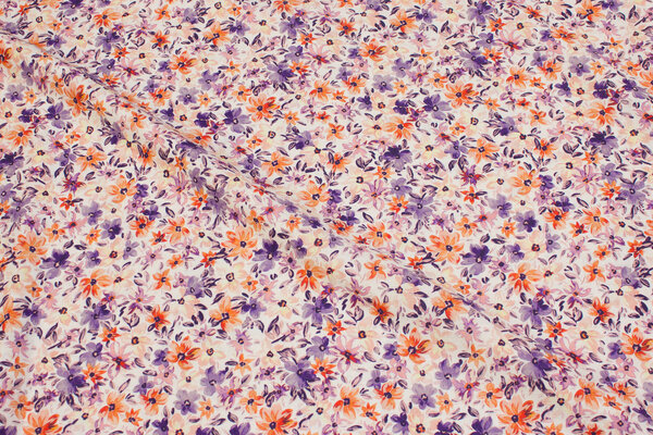 White cotton with purple and melon flowers