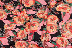 Black blouse viscose with big coral flowers