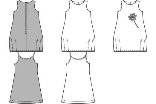 Uncomplicated cuts are the perfect choice for large prints and bright colors. Views A and B have a rounded neckline and back zipper. Stitch pleats on the hem edge create a trendy balloon silhouette. The edges of the peppy jersey dress, view C, are bound with a contrasting color. For a chic look, wear it with leggings.