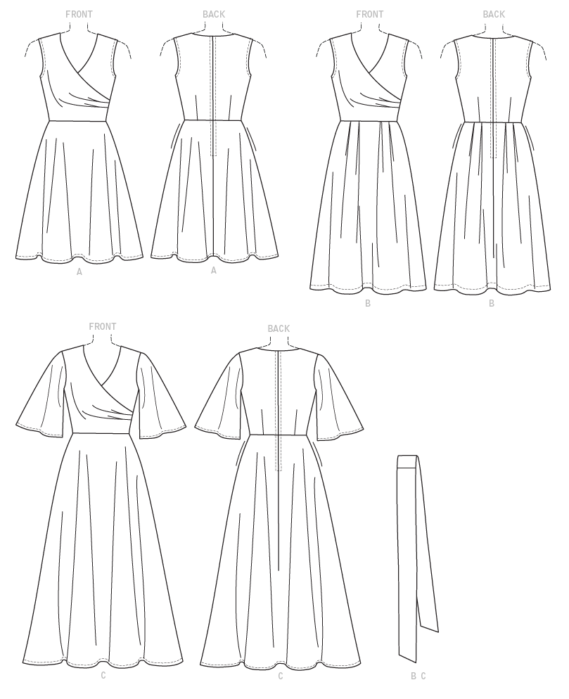 Fitted-through-the-bodice dresses have lined bodice and sleeve/skirt/length variations. B, C: Sash.