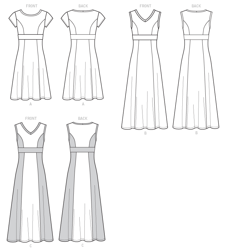 Close-fitting, pullover dress has front and back princess seams, midriff, and sleeve/length variations. C: Contrast sides, midriff and bands.For moderate stretch knits only. Close-fitting, pullover dress has front and back princess seams, midriff, and sleeve/length variations. C: Contrast sides, midriff and bands.For moderate stretch knits only.