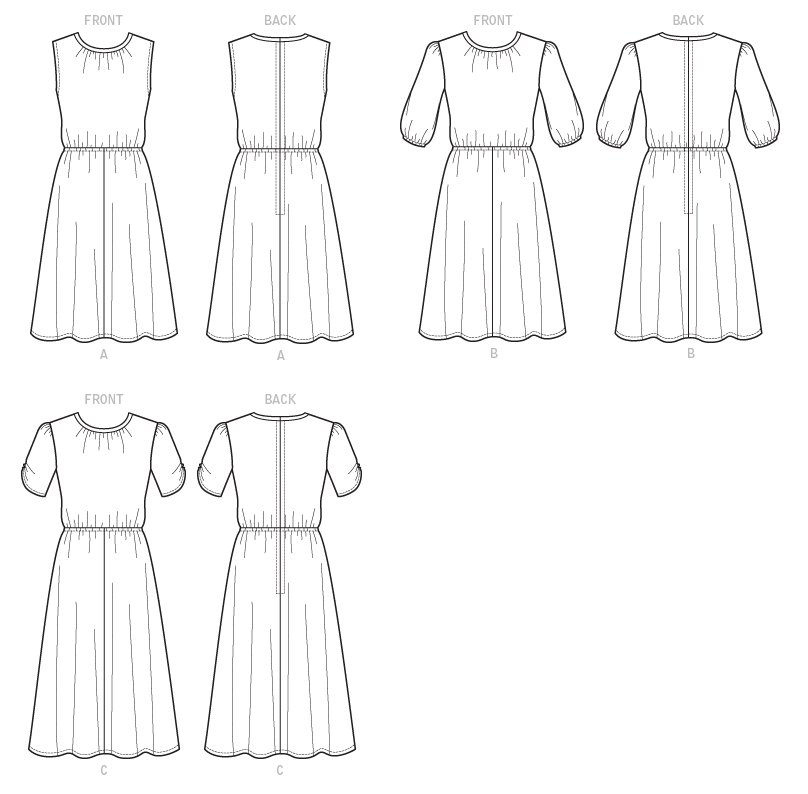 Semi-fitted dress has sleeve and length variations. Semi-fitted dress has sleeve and length variations.