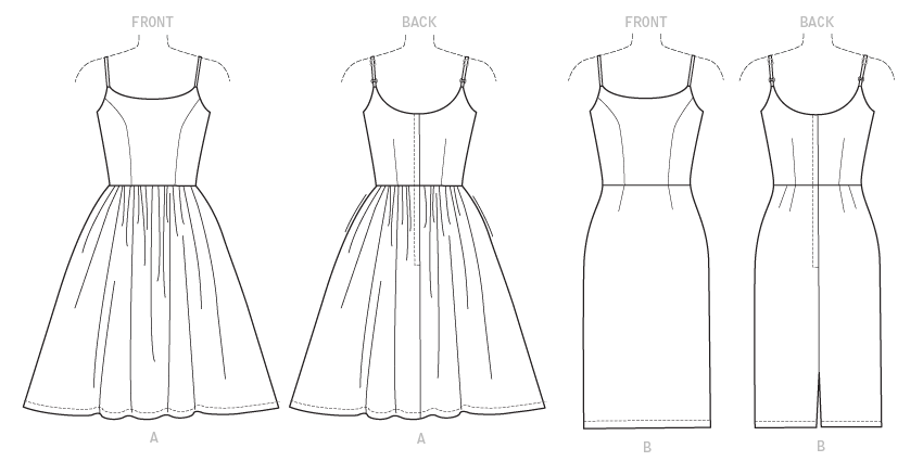 Close-fitting dress has front princess seams on bodice, back zipper, adjustable straps with ring and slider, and skirt variations. Close-fitting dress has front princess seams on bodice, back zipper, adjustable straps with ring and slider, and skirt variations.