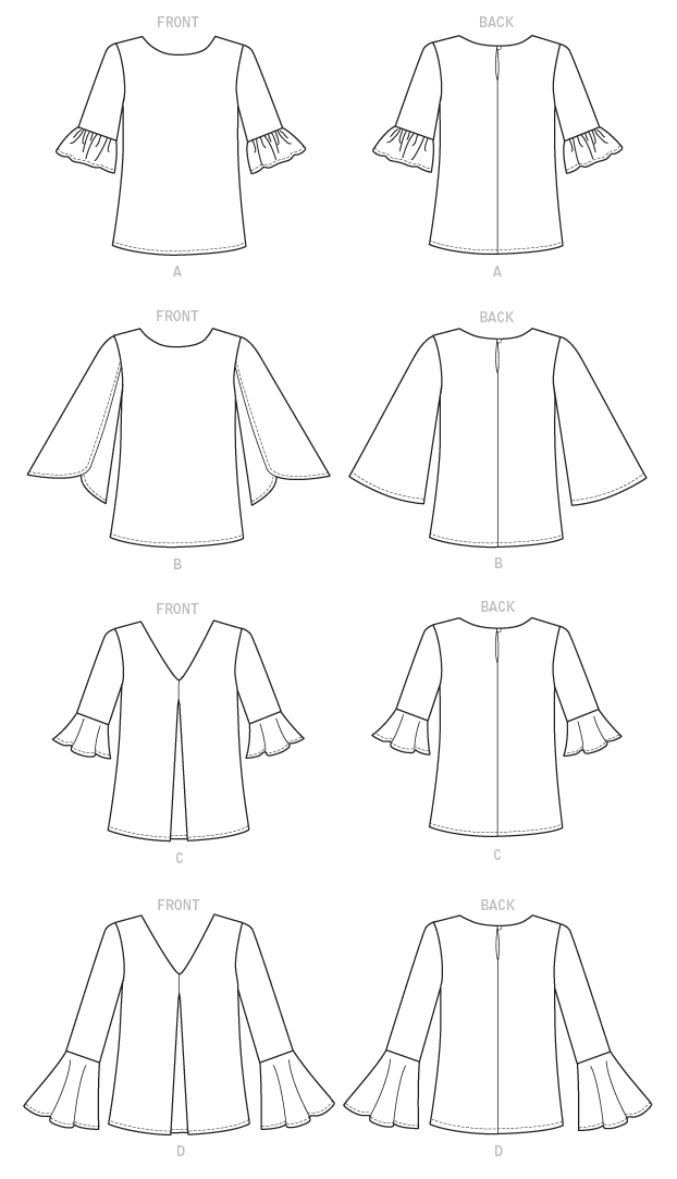 Loose-fitting top with back button and loop closure has neckline and sleeve variations. C, D: Front pleat.