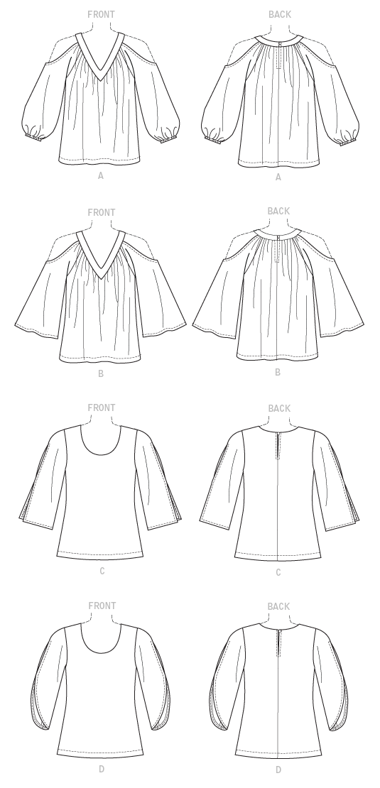 Loose-fitting, pullover tops have back neck button closure, and neckline and sleeve variations.