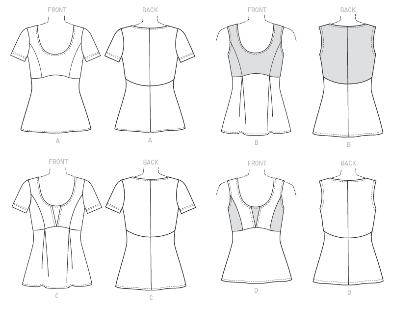 Close-fitting pullover tops have shaped upper front and sleeve variations. B: Contrast bodice. D: Contrast inset, front side bodice.For four-way stretch knits only.