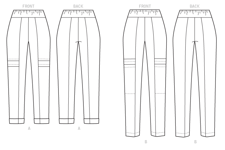 Fitted pull-on pants have elastic in yoke and front leg stitching details.