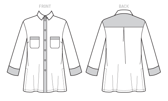 Very loose-fitting shirt has collar with collar band, and contrast yoke back, front band, pocket band, collar band and cuff.