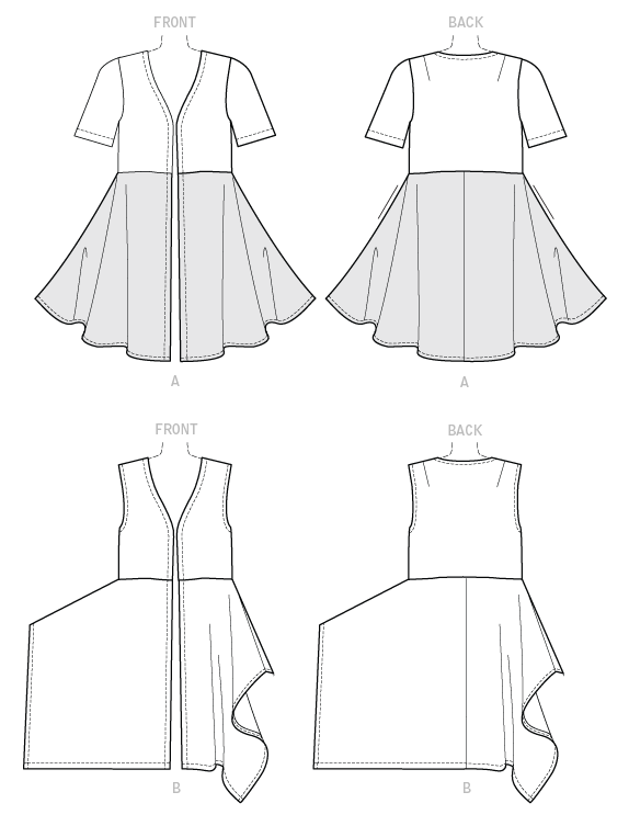 Loose-fitting unlined tunics have open front, sleeve and hemline variations. A: Contrast skirt.