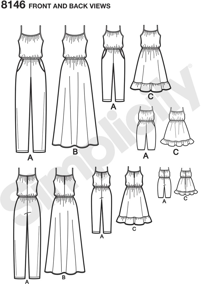 These adorable pull on jumpsuits and dresses for miss, child, and 18" dolls are a fun project to make together, or to give as a gift. Use coordinating fabrics for extra subtle matching look. Simplicity sewing pattern.