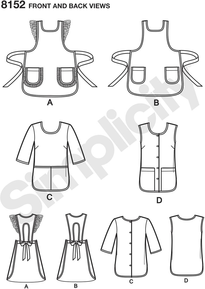 Misses´ vintage aprons from the 1970´s includes traditional shaped apron with pockets and optional ruffled lace trim, or smock style apron with or without half sleeves. Vintage Simplicity sewing pattern.