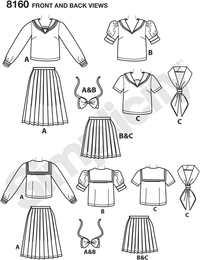 These great cosplay looks from Effy Sews Cosplay includes pleated skirts in two lengths, top with sailor collar and sleeve variations, and oversized bow and tie. Simplicity sewing pattern.