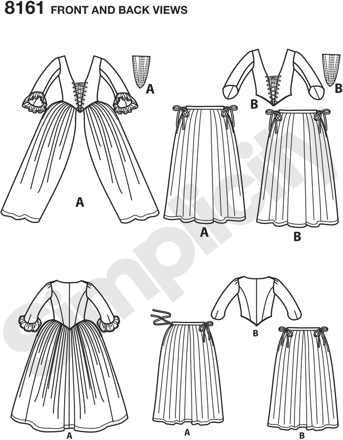 Misses´ 18th century highland costumes includes outfits in two styles: the first is a gown with stomacher and petticoat, and the second is a bodice with petticoat and stomacher.