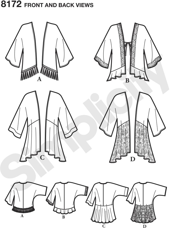 Kimono style jackets for miss in a variety of lengths and trim options: fringe, lace, ruffles or flounces. Use contrasting fabrics or by the yard trims to get the look you love. Simplicity sewing pattern.