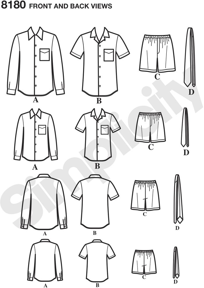 Get these essential pieces for boys and men in this 3 Hour sewing pattern including short or long sleeve collared shirt with chest pocket, boxer shorts with elastic waist, and tie. This pattern is great for coordinating or matching outfits.