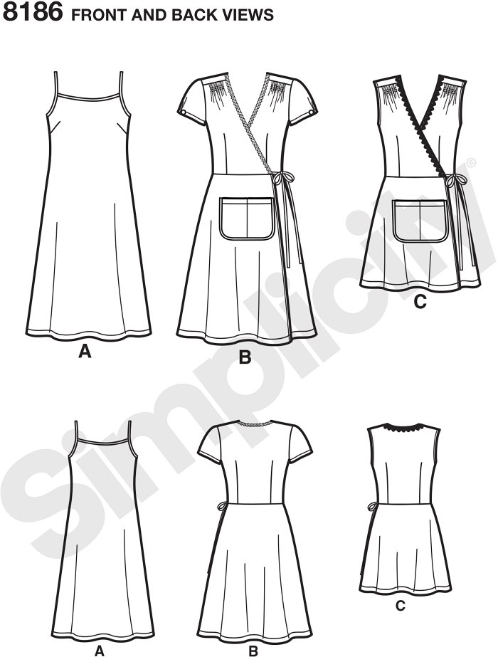 Dottie Angel frock pattern includes wrap dress knee length with cap sleeves or mini length sleeveless, both with front pocket, and  a slip dress that can be worn underneath or on its own. Simplicity sewing pattern.