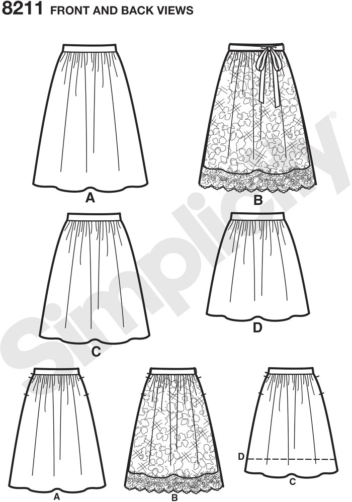 Misses´ easy to sew dirndl skirts with grown on waistband are the perfect feminine pieces to add to your wardrobe. Skirt in three lengths; midi with optional galoon edge lace overlay, just below or just above the knee. Make in a kitschy print for a truly