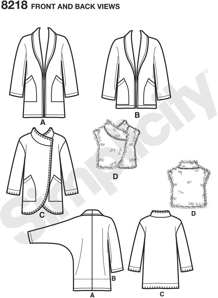 Misses´ Easy-to-Sew jackets with large patch pockets can be made mid thigh length or just below the hip with shawl collar, and mid thigh with round hemline, asymmetric closure, and blanket stitching. Pattern also includes asymmetric fur vest.