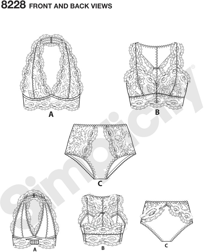 Lovers of lace get inspired with these bra and panties by Maddie Flanigan. Pattern includes soft cup bras in halter or racer back, and panties with scalloped lace trimmings. Bras sized 32A to 42DD, panties sized XS-XL. Instructions for determining bra siz