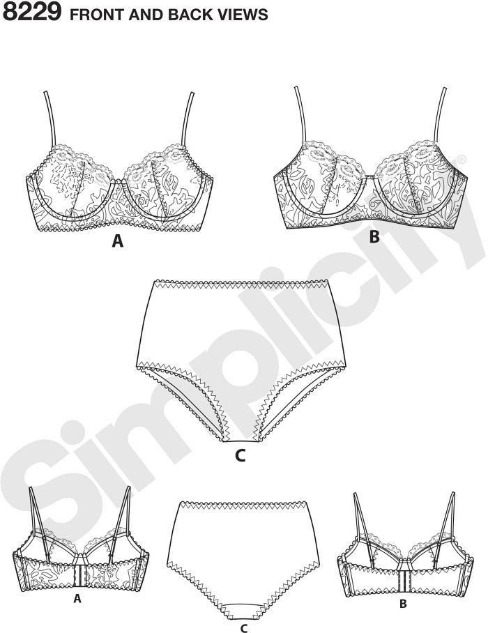 Misses´ lined underwire lace bras have adjustable straps, and can be made with option of lace, knit or spandex back band. Pattern also includes basic panties with scalloped lace trim. Bras sized 32A to 42DD, panties sized XS-XL. Instructions for determini