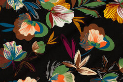 Black viscose jersey with multicolored leaves