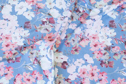 Dove-blue cotton-jersey with old-rose and white flowers