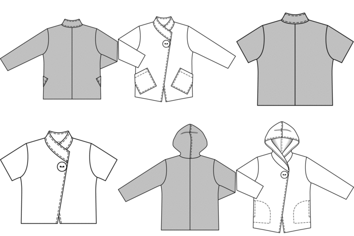 Uncomplicated, comfortable jackets, suitable for all occasions. Even beginning sewers can tackle such garments because they are simply closed by a single snap fastener! They range from summer wear in cool linen to winter warmth in non-fraying fulled fabrics that need no edge finishing. One pattern offers two versions in various lengths, plus different details such as pockets, collars and hoods.