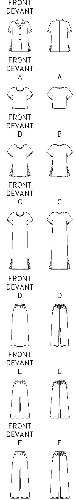 Loose-fitting shirt has collar and above-elbow sleeves with stitched hems. Loose-fitting, pullover top, tunic or above-ankle, A-line dress have cap sleeves. B,C: side slits. A-line skirt, above-ankle or loose-fitting, straight-legged pants have elastic waist and side pockets. D: back slit. Shirt, A,B,C,D: narrow hem. E,F: stitched hem.



.