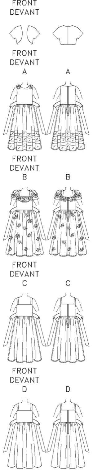 Lined jacket, above-waist has short sleeves. Lined, flared dress, evening length has close-fitting bodice, dirndl skirt, tie-ends and back zipper. A,B: purchased flowers. A,B,C: contrast overskirt. B: contrast drape. B,C,D: shoulder straps. Purchased petticoat, ribbon and veil. D: Contrast Bodice and Tie Ends.



.