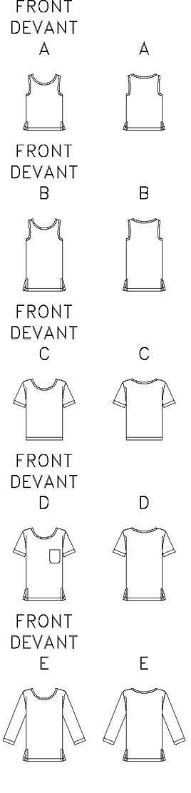 Loose-fitting, pullover top has stitched hems and length variations. A,B,D,E: side slits. A,B: sleeveless. C,D: short sleeves. E: three-quarter sleeves. D: pocket.
. Loose-fitting, pullover top has stitched hems and length variations. A,B,D,E: side slits. A,B: sleeveless. C,D: short sleeves. E: three-quarter sleeves. D: pocket.
.