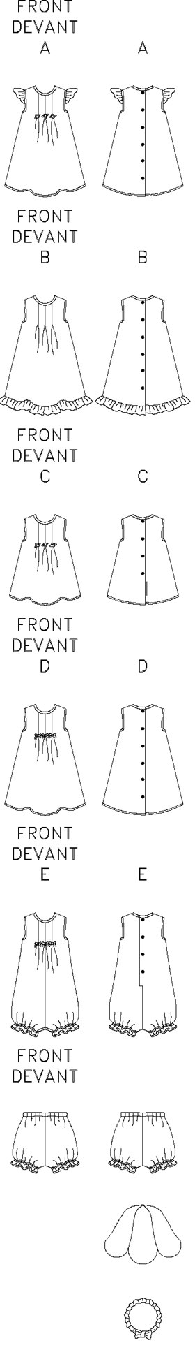 A-line dress or top has front pleats and back snaps. A armhole ruffle. A,C,D stitched hem. B ruffles. Romper has front pleats, elastic leg, back snap closing and snap crotch. Panties have elastic waist and leg. Self- lined hat. Headband has elastic and bow.

Newborn (5-12 lbs./12-24 inches) - S (13-17 lbs./25-26 inches) - M (18-21 lbs./27-28 inches),L (22-25 lbs./29-30 inches) - XL (26-29 lbs./31-32 inches).