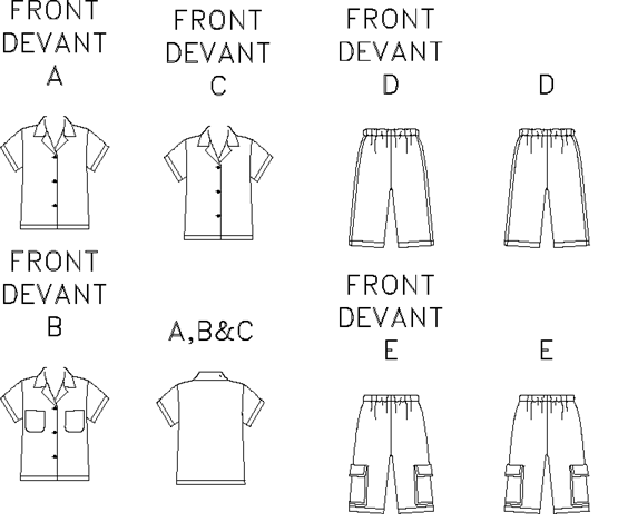 Shirt has collar and short sleeves. B: pockets. Straight-legged shorts have elastic waist. D: optional trim. E: side upper/lower pockets, flaps. All garments are loose fitting and have stitched hems. 

.