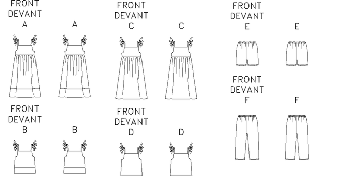 Loose-fitting, pullover dress or top. A,B: contrast shoulder straps/bands. A,C: A-line, below mid-knee, raised waist, self-lined bodice. Loose-fitting shorts or pants have elastic waist and narrow hem. F: above ankle. 

.