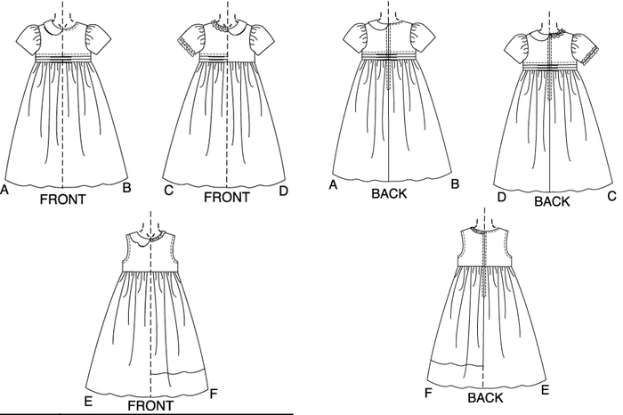 Slightly flared dress, below mid calf has fitted bodice, neck variations, raised waist, dirndl skirt and back zipper. A,B,C: tucks A,B,D: short sleeves A,D,E: collar C: neck/sleeve ruffles E,F: sleeveless F: purchased trim/contrast hem band
. Slightly flared dress, below mid calf has fitted bodice, neck variations, raised waist, dirndl skirt and back zipper. A,B,C: tucks A,B,D: short sleeves A,D,E: collar C: neck/sleeve ruffles E,F: sleeveless F: purchased trim/contrast hem band
.