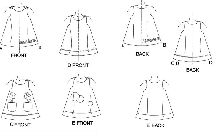 A-line, dress, above mid-knee, has button shoulder closing. B: self ruffle. C and D: purchased trim. C and E: contrast appliqués. D and E: contrast hem band. 

.