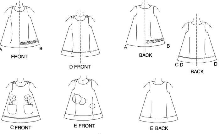 A-line, dress, above mid-knee, has button shoulder closing. B: self ruffle. C and D: purchased trim. C and E: contrast appliqués. D and E: contrast hem band. 

.