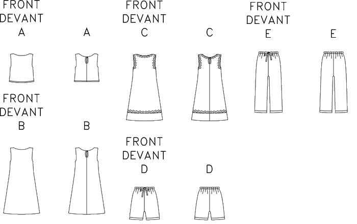 Loose-fitting top, or A-line dress, above mid-knee, has back neck slit. A: narrow hem. C: contrast hem band and purchased trim. Loose-fitting shorts, above mid-knee or above ankle pants, have elastic waist, attached tie and stitched hem. 

.