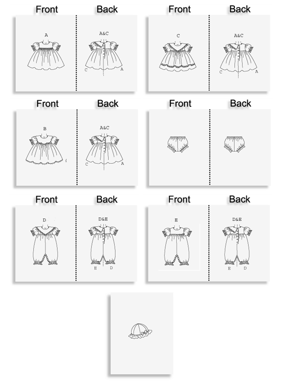 Dress, jumpsuit has fitted bodice, raised waist, back button closure. A, B, C: dirndl skirt. B, C, E: contrast collar. A, C, D, E: purchased trim. D, E: loose-fitting pants, snap crotch and elastic legs. All have short sleeves with elastic. Panties have elastic waist and legs. Self-lined hat has crown, ruffle and bow.

Notions: Dress A, B, C, Jumpsuit D, E: Six 1/2" Buttons, 1/2" Single Fold Bias Tape, 1/4" Elastic: 7/8 yd. for A, B, C, 11/4 yds. for Sizes S - M, 13/4 yds. for Sizes L - XL and 3/4 yd. of Approximately 5/8" Snap Tape for D, E. Also for A: 1/2 yd. of 5/8" Flat Trim. For B: 11/2 yds. of 3/8" Edging and Purchased Three Rosettes. For C, E: 3/4" Single-edged Lace Trim: 23/8 yds. for C and 1 yd. for E. For D: 13/4 yds. of 5/8" Ribbon. Panties C: 3/4 yd. of 1/4" Elastic and 1/2" Single Fold Bias Tape. 

.