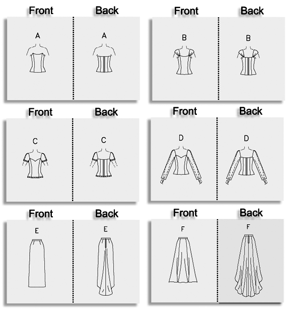 Close-fitting, underlined and lined top has boning, princess seams, back separating zipper and strapless or sleeve variations. Machine Embroidery. Semi-fitted or very loose lined skirt, slightly flared or flared, floor length at center front, has back zipper and shaped hem.
Notions: Top A, B, C, D: 14" Separating Zipper, 31/8 yds. of 1/4" Covered Boning, Hooks and Eyes. Also for A: (Optional) 21/4 yds. of Approximately 1/2" Beaded Trim and 1 yd. of 21/2" - 31/2" Appliques or One Large Triangular Bridal Applique. For B: (Optional) One Large Triangular Bridal Applique. For C: (Optional) 13/4 yds. of Approximately 1/2" Beaded Trim and One Large Triangular Bridal Applique. For D: (Optional) Embroidery Thread and Beads or One Large Triangular Bridal Applique. Skirt E, F: 7" Zipper or 7" - 9" Invisible Zipper, One Hook and Eye Closure. Close-fitting, underlined and lined top has boning, princess seams, back separating zipper and strapless or sleeve variations. Machine Embroidery. Semi-fitted or very loose lined skirt, slightly flared or flared, floor length at center front, has back zipper and shaped hem.
Notions: Top A, B, C, D: 14" Separating Zipper, 31/8 yds. of 1/4" Covered Boning, Hooks and Eyes. Also for A: (Optional) 21/4 yds. of Approximately 1/2" Beaded Trim and 1 yd. of 21/2" - 31/2" Appliques or One Large Triangular Bridal Applique. For B: (Optional) One Large Triangular Bridal Applique. For C: (Optional) 13/4 yds. of Approximately 1/2" Beaded Trim and One Large Triangular Bridal Applique. For D: (Optional) Embroidery Thread and Beads or One Large Triangular Bridal Applique. Skirt E, F: 7" Zipper or 7" - 9" Invisible Zipper, One Hook and Eye Closure.