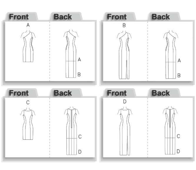 Close-fitting, lined, tapered dress, neckline variations, above mid-knee or evening length, has princess seams. A, B side zipper. B, D side front slit. C, D back zipper.

Notions Dress A, B 16" Zipper, Seam Binding, Hooks and Eyes. Dress C, D 24" Zipper, Hooks and Eyes. Also for D Seam Binding. 

.