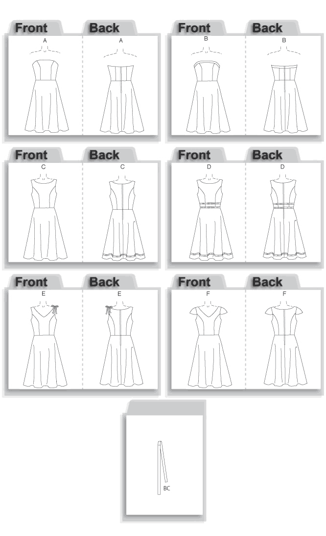 Dress: close-fitting bodice and slightly flared skirt has bodice variations, back zipper and is below mid-knee length. B: contrast band, tie belt and purchased flower. C: tie belt. D: purchased ribbon and bow trim. E: purchased ribbon bow.
NOTIONS: Dress A, B: One 14" Zipper, Hooks and Eyes. Dress C, D, E, F: One 22" Zipper, Hooks and Eyes. Also for B: purchased One Big Flower and For D: 51/2 yds. of 5/8" Ribbon. For E: 11/2 yds. of 5/8" Ribbon.