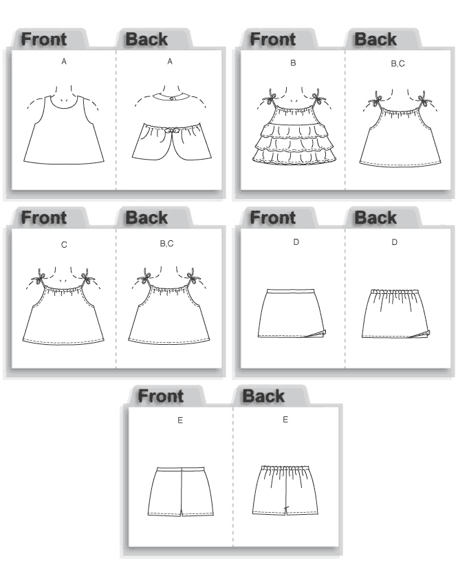 Halter top A: back button closure, back casing, elastic and self bow. B, C: front and back casing with ribbon drawstrings. B: front flounces. A-line skort D: shorts and waistband with back elastic. Shorts E: waistband with back elastic.
NOTIONS: Top A: One 1/2" Button and 1/2yd. of 1/4" Elastic. Top B, C: 11/2yds. of 1/4" Ribbon. Skort D, Shorts E: 1/2yd. of 3/4" Elastic.