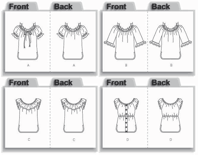 Pullover top has sleeve and neckline variations. A, B, D: lace trim. C: ruffle neckline. D: casing and elastic waist.
NOTIONS: Top A, C: 21/8 yds. of 1/4" Elastic. Also for A: 13/8yds. of 11/2" Single-edged Scalloped Lace Trim. Top B: 11/4yds. of 1/4" Elastic and 13/8yds. of 11/2" Single-edged Scalloped Lace Trim. Top D: 33/8yds. of 1/4" Elastic and 3/4yd. of 11/2" Single-edged Scalloped Lace Trim.