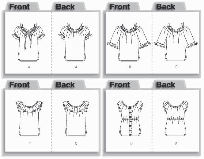 Pullover top has sleeve and neckline variations. A, B, D: lace trim. C: ruffle neckline. D: casing and elastic waist.
NOTIONS: Top A, C: 21/8 yds. of 1/4" Elastic. Also for A: 13/8yds. of 11/2" Single-edged Scalloped Lace Trim. Top B: 11/4yds. of 1/4" Elastic and 13/8yds. of 11/2" Single-edged Scalloped Lace Trim. Top D: 33/8yds. of 1/4" Elastic and 3/4yd. of 11/2" Single-edged Scalloped Lace Trim.