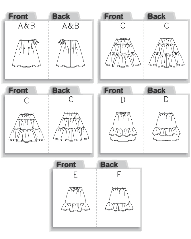 A, B, C, D: mid-knee length. E: 3" above mid-knee. A, B: pleats, ribbon waist finish, self-fabric tie at sides and back zipper closure. A: features a border print. C: gathered tiers, elastic waist finish, purchased trim at tier seams and self-fabric tie at center front casing. D, E: elastic waist finish with self-fabric tie at center front casing. D: ruffle at lower edge. E: ruffle at lower tier.
NOTIONS: Skirt A, B: 7" Zipper, 1 yd. of 5/8" Grosgrain Ribbon, Hooks and Eyes. Skirt C, D, E: 7/8 yd. of 3/4" Elastic. Also for C: 4 yds. each of Sequin Trim or Approximately 1" Double-edged Crochet Trim or Lace. A, B, C, D: mid-knee length. E: 3" above mid-knee. A, B: pleats, ribbon waist finish, self-fabric tie at sides and back zipper closure. A: features a border print. C: gathered tiers, elastic waist finish, purchased trim at tier seams and self-fabric tie at center front casing. D, E: elastic waist finish with self-fabric tie at center front casing. D: ruffle at lower edge. E: ruffle at lower tier.
NOTIONS: Skirt A, B: 7" Zipper, 1 yd. of 5/8" Grosgrain Ribbon, Hooks and Eyes. Skirt C, D, E: 7/8 yd. of 3/4" Elastic. Also for C: 4 yds. each of Sequin Trim or Approximately 1" Double-edged Crochet Trim or Lace.