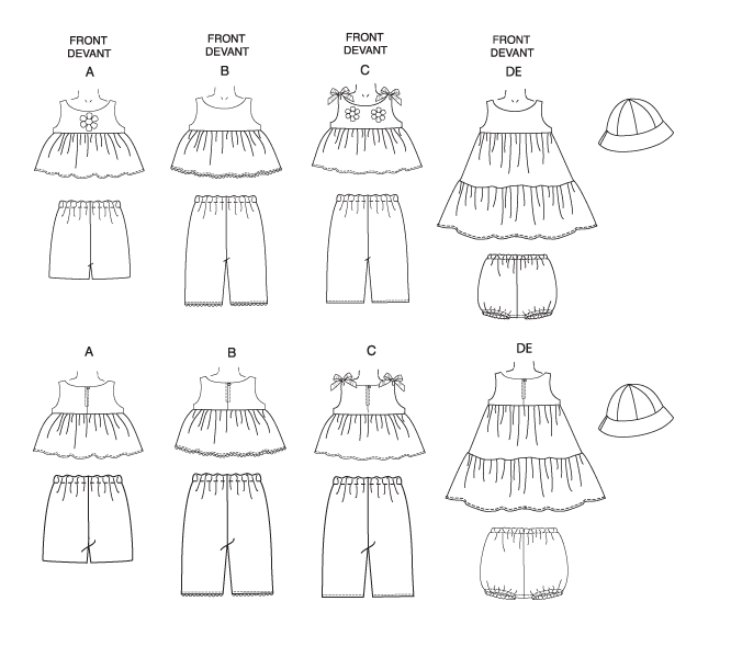 Pullover top and dress have back neck openings and machine-stitched hems. Tops A, C: applique trim. Top and pants B: rick-rack trim. Top C: ribbon trim. Dress D, E: ruffle. Dress and panties E: contrast lower section and contrast panties. Shorts, pants and panties: casing and elastic waist. Panties: casing and elastic leg. Hat: self-faced.
NOTIONS: Top A, B, C, Dress D, E: One 3/8" Button. Also for Top A: One Applique. For Top B: 11/4 yds. of Medium Rick-rack. For Top C: Two Appliques and 11/4 yds. of 1" Ribbon. Shorts A, Pants B, C, Panties D, E: 5/8 yd. of 1/2" Elastic. Also for Pants B: 1 yd. of Medium Rick-rack. For Panties D, E: 3/4 yd. of 1/4" Elastic.