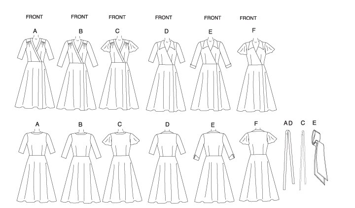 Flared, wrapped dress, below mid-knee has semi-fitted bodice, front band or collar, sleeve variations. A: contrast bands and belt. B, F: purchased belt. C, D: self fabric belts. E: cuffs and single layered sash.
NOTIONS: Dress A, B, C, D, E, F: Hooks and Eyes. Also for B, F: Purchased Belt.