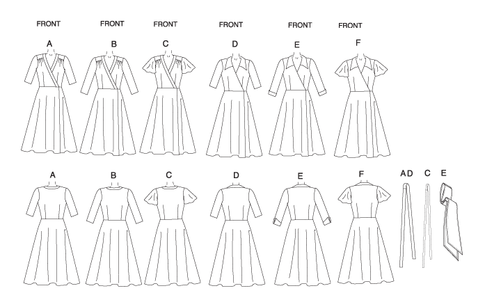 Flared, wrapped dress, below mid-knee has semi-fitted bodice, front band or collar, sleeve variations. A: contrast bands and belt. B, F: purchased belt. C, D: self fabric belts. E: cuffs and single layered sash.
NOTIONS: Dress A, B, C, D, E, F: Hooks and Eyes. Also for B, F: Purchased Belt.