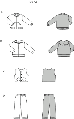 Multi-purpose jogging suit for girls and boys to mix and match. Jacket A has waistband, sleeve cuffs and upright collar in rib-knit fabric, zipper in the centre front and patch pockets. Hooded shirt B has zippered slit. Waistcoat/vest/sleeveless jacket C is lined with contrasting-colour fabric and teams with the simple trousers/pants D (with elastic waistband).