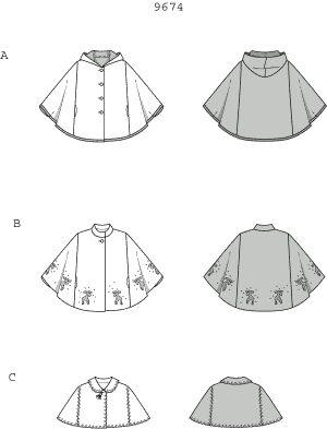 The cape is amking a big comeback! You have the choice between two lengths and between rounded collar, upright collar or hood. Cape A has a hood lined with contrasting fabric. Capes B & C have simple open-work seams. They will not fray on fulled and felted fabrics but the edges can be decoratively hand-stitched with thick thread. Simply cut out and hand-sew the elk motif on cape B. The cape is amking a big comeback! You have the choice between two lengths and between rounded collar, upright collar or hood. Cape A has a hood lined with contrasting fabric. Capes B & C have simple open-work seams. They will not fray on fulled and felted fabrics but the edges can be decoratively hand-stitched with thick thread. Simply cut out and hand-sew the elk motif on cape B.